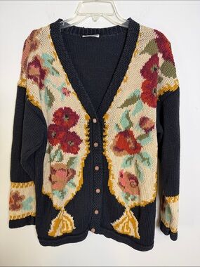 Vintage PARIS SPORT CLUB V-Neck Floral Cotton Cardigan Fall Sweater, Black | XL